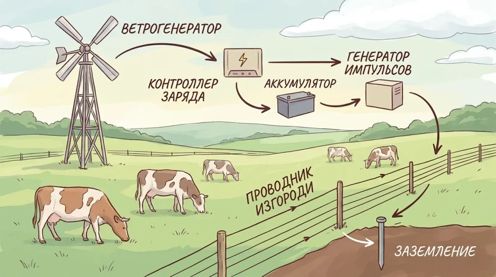Схема питания электропастуха от ветрогенератора через контроллер и аккумулятор